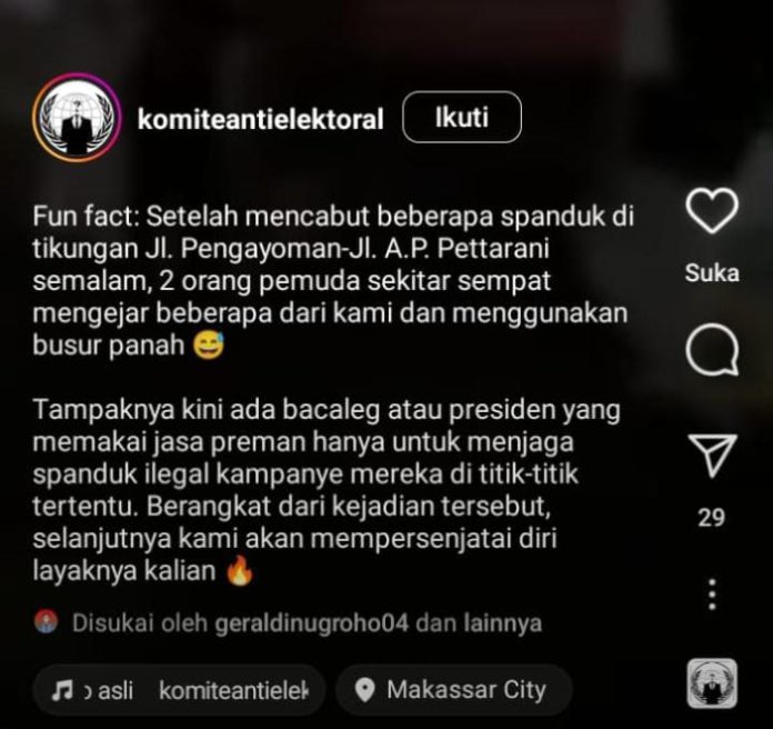 Foto tangkap layar diduga kelompok Komite Anti Elektoral pelaku perusakan baliho sumber: Instagram