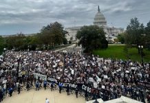 Organisasi HAM Yahudi Datangi Gedung Kongres AS Desak Gencatan Senjata di Gaza Foto: Organisasi hak asasi manusia Jewish Voice for Peace menggelar protes terkait serangan Israel ke Palestina di Washington DC pada Rabu (18/10/2023). Twitter @jvplive