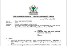 Selasa Pekan Depan, DPP Partai Golkar Gelar Pertemuan dengan Calon Kepala Daerah Foto Undangan surat undangan DPP partai Golkar Bernomor: Sund-308/GOLKAR/XI/2023, Tanggal 16 November 2023.