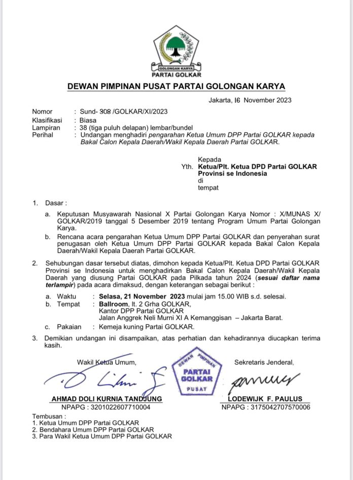 Foto Undangan surat undangan DPP partai Golkar Bernomor: Sund-308/GOLKAR/XI/2023, Tanggal 16 November 2023.