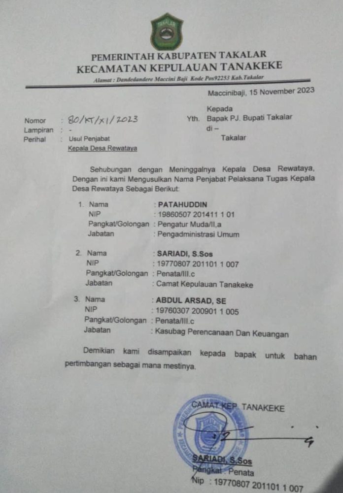 FOTO: Surat usulan Penjabat Desa Rewataya, oleh Camat Kepulauan Tanakeke, Kabupaten Takalar. (Istimewa)