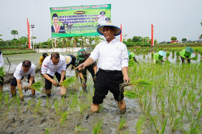 FOTO: Menteri Pertanian Andi Amran Sulaiman saat ikut menanam padi beberapa waktu lalu.