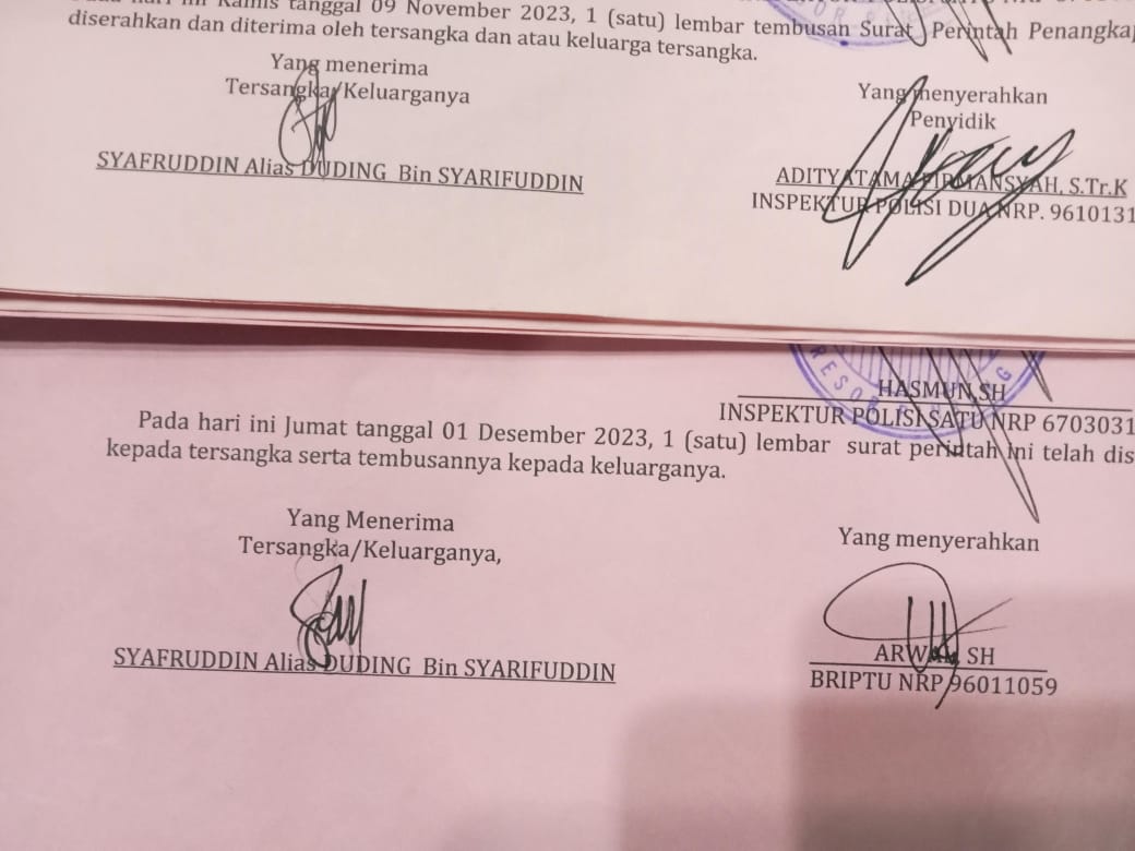 FOTO: Surat penangkapan nomor SP-Kap/145/XI/Res.4.2/2023 dan tanda tangan sah milik SY dan Surat perintah perpanjangan penahanan 40 hari nomor Spp-Han/110.b/XII/Res.4.2/2023. Ada perbedaan tanda tangan SY. (Sumber: Kantor penasehat hukum Aldin Bulen and Partner)