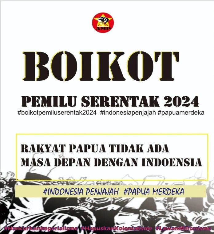 FOTO: Poster digital berisikan ajakan boikot pemilu serentak 2024 oleh aliansi mahasiswa papua (AMP). (Sumber media sosial) 