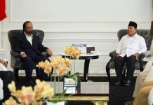 Bertemu Surya Paloh, Prabowo: Saya Selalu Mengajak FOTO: Ketua Umum DPP Nasdem Surya Paloh saat menerim presiden terpilih Prabowo Subianto di menara tower DPP partai Nasdem di Jalan RP Soeroso, Gondangdia, Jakarta Pusat., Jumat (22/3)