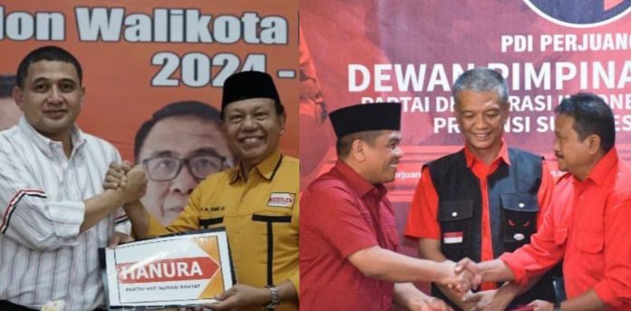 FOTO: Kolase Rahman Pina saat mendaftar serta mengembalikan formulir pendaftaran di PDIP dan Munafri Arifuddin saat mengembalikan formulir pendaftaran di Partai Hanura Makassar. Senin (20/5)