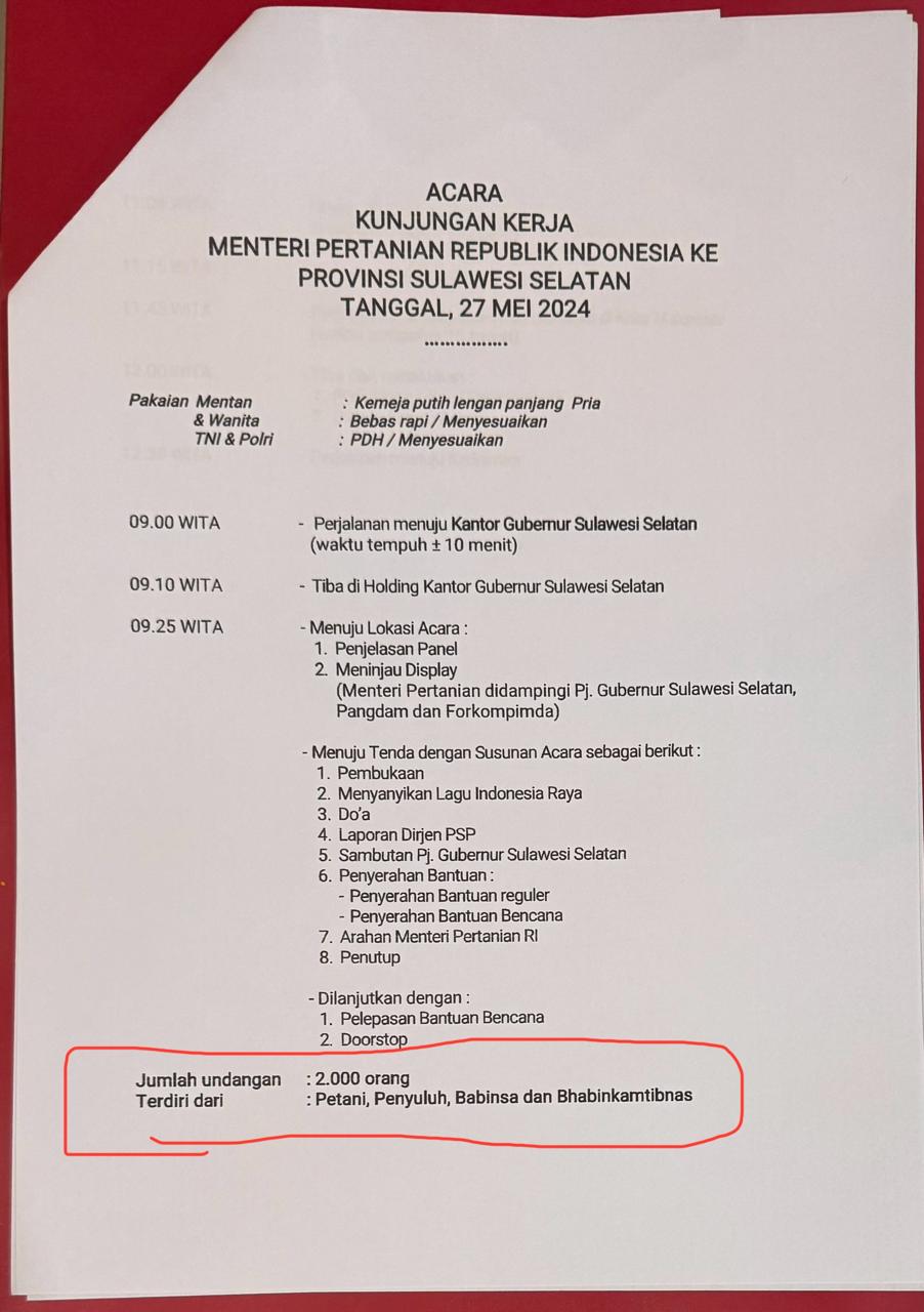 FOTO: Jadwal Kegiatan Menteri Pertanian Andi Amran Sulaiman di kantor gubernur Sulsel pada hari Senin (26/5) [Sumber: Gagasan Sulsel]