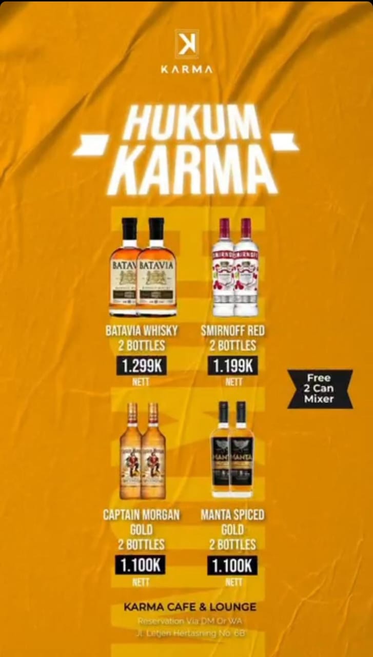 FOTO: Promo minuman beralkohol yang ditawarkan cafe Karma, Sumber akun Instagram Cafe Karma hasil investigasi Brigade Muslim Indonesia. (Sumber: Instagram Karma Cafe and Lounge)