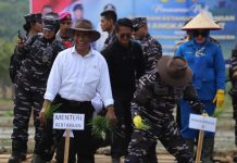 Gebyar Panen Raya, Mentan Amran dan TNI AL Sinergi Akselerasi Ketahanan Pangan FOTO: Menteri Pertanian (Mentan), Andi Amran Sulaiman bersama Kepala Staf Angkatan Laut (KASAL), Laksamana TNI, Muhammad Ali yang diwakili Wakil Kepala Staf Angkatan Laut (Wakasal) Laksamana Madya TNI, Erwin S. Aldhedarma, Ketua Komisi IV DPR RI, Sudin dan PJ Gubernur Lampung, Samsudin melakukan gebyar panen raya padi dan jagung sekaligus tanam padi. (Dok. Kementan)