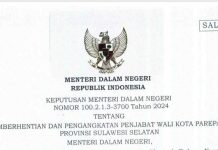 Mendagri Berhentikan dengan Hormat Pj Wali Kota Parepare FOTO: Tangkap layar dari Surat Keputusan (SK) Mendagri Nomor 100.2.13-3700 Tahun 2024.