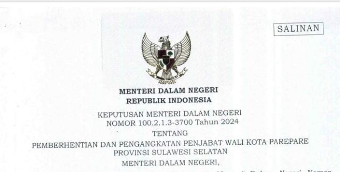 FOTO: Tangkap layar dari Surat Keputusan (SK) Mendagri Nomor 100.2.13-3700 Tahun 2024.