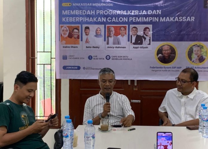 FOTO: Kiri Haspan Haspri (Moderator) Pengamat politik Universitas Hasanuddin DR Ali Armunanto dan kandidat doktor dari Universitas Gajah Mada, Febrianto Syam SIP, MIP. (Properti: KJP)