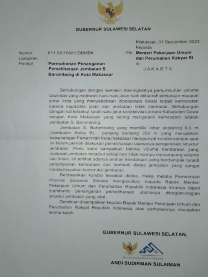 FOTO: Surat Gubernur Sulsel Andi Sudirman Sulaiman teregister dengan nomor: 611.52/10081/DBMBK tanggal 1 September 2023 yang ditujukan kepada Menteri Pekerjaan Umum dan Perumahan Rakyat (Sumber media sosial)