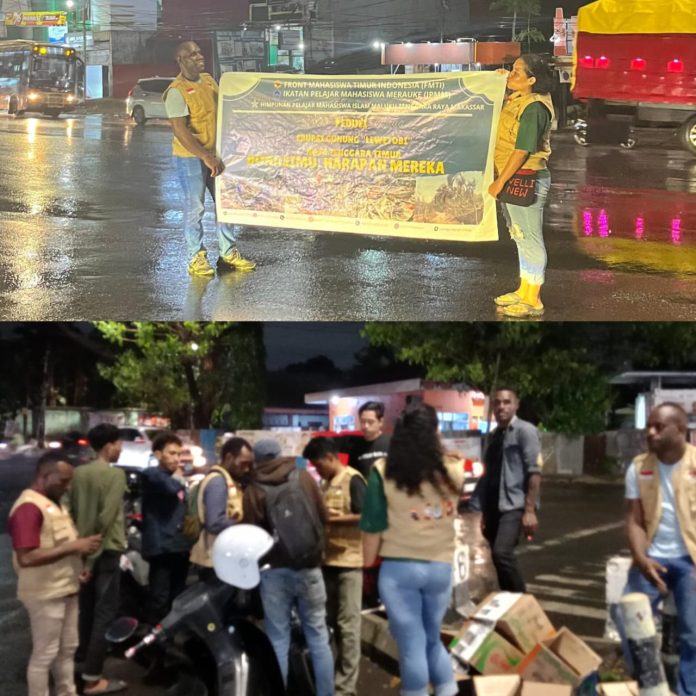 FOTO: FMTI Galang Donasi untuk Korban Erupsi Gunung Lewatobi di NTT di Jalan Perintis Kemerdekaan depan pintu masuk Unhas, Kota Makassar.