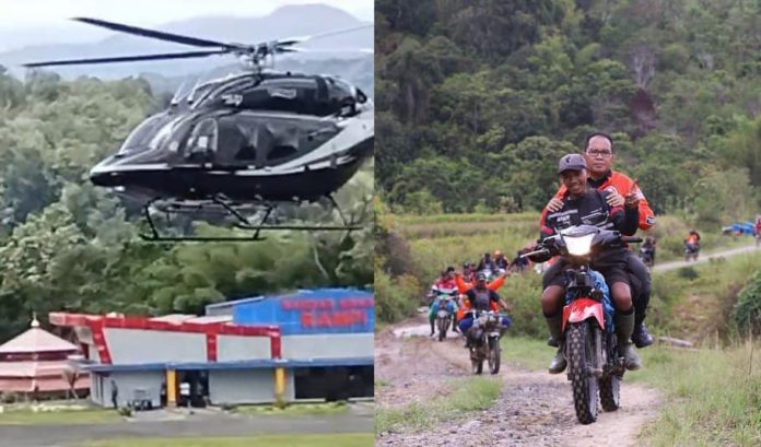 FOTO: Kolase Helikopter pengakut calon wakil gubernur Sulsel, Fatmawati Rusdi dan Foto Calon Gubernur Sulawesi Selatan Moh Ramdhan Pomanto atau 'Danny Pomanto' saat mengendarai ojek ke Kecamatan Rampi