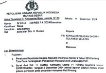 SP2HP Mal Pinrang Terbit, Mantan Bupati Bakal Berurusan dengan Bareskrim Polri FOTO: Surat jawaban pemberitahuan laporan H. Bustan ke Mabes Polri.