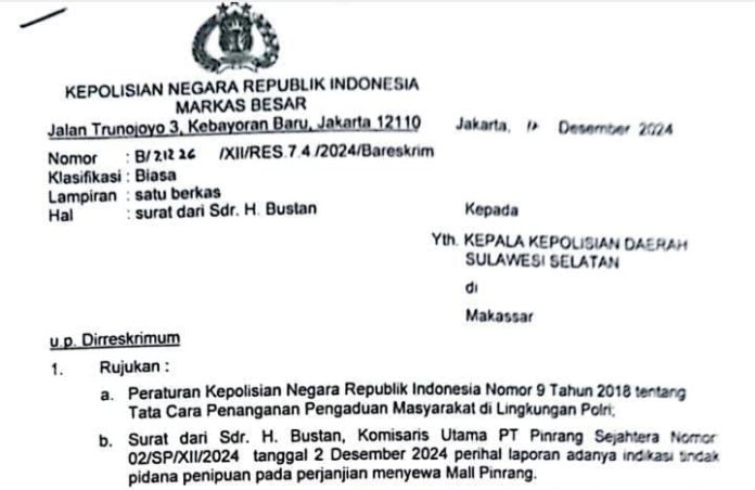 FOTO: Surat jawaban pemberitahuan laporan H. Bustan ke Mabes Polri.