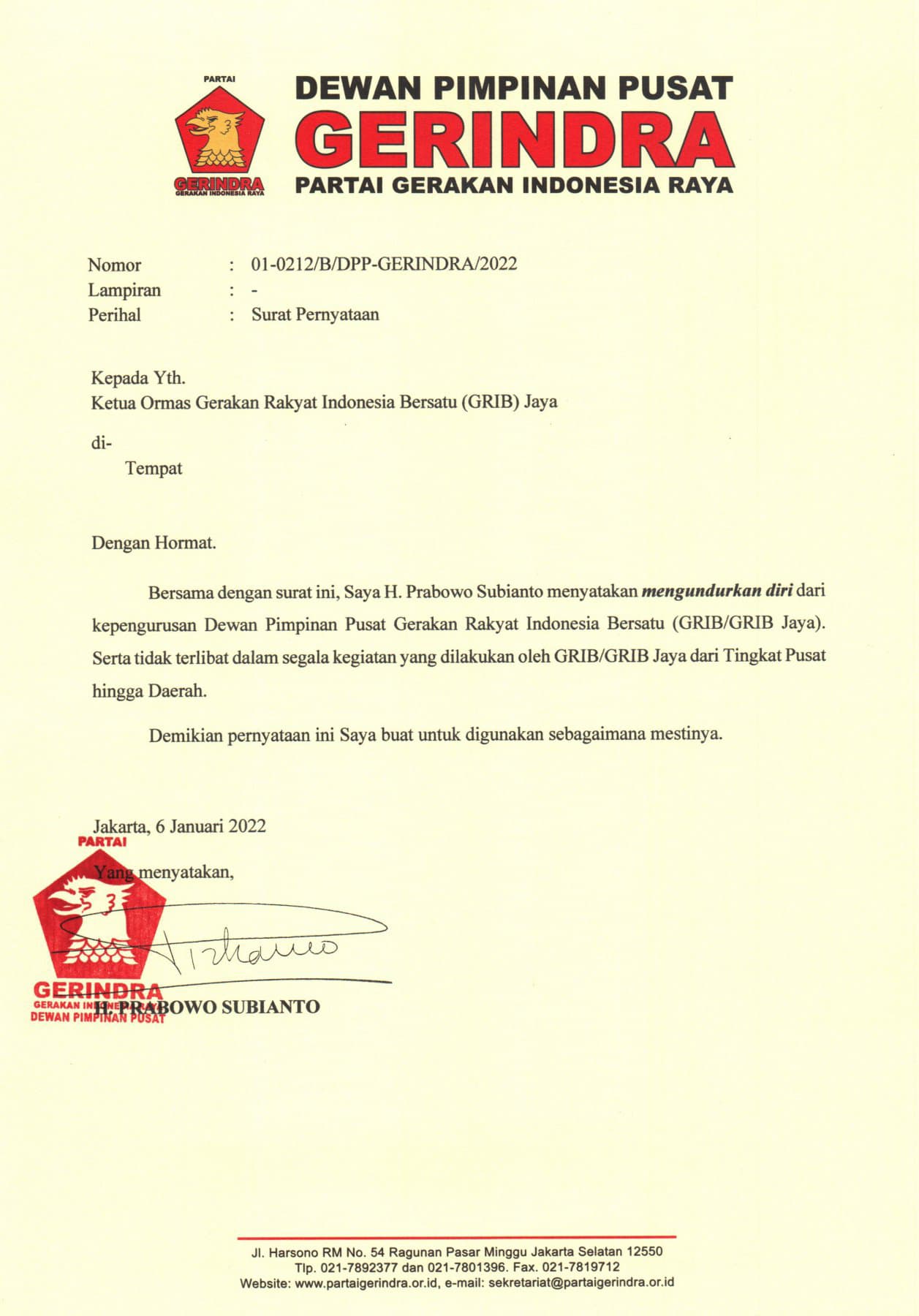 FOTO: Surat DPP Partai Gerindra yang ditujukan ke Ketua umum DPP GRIB Jaya 