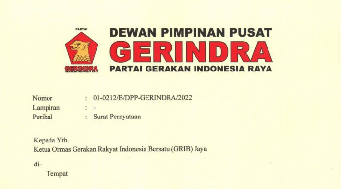 FOTO: Surat DPP Partai Gerindra yang ditujukan ke Ketua umum DPP GRIB Jaya 