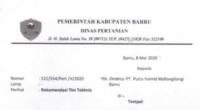 FOTO: Surat kepala dinas pertanian kabupaten Barru ke PT. Putra Hamid Mallongi-long.