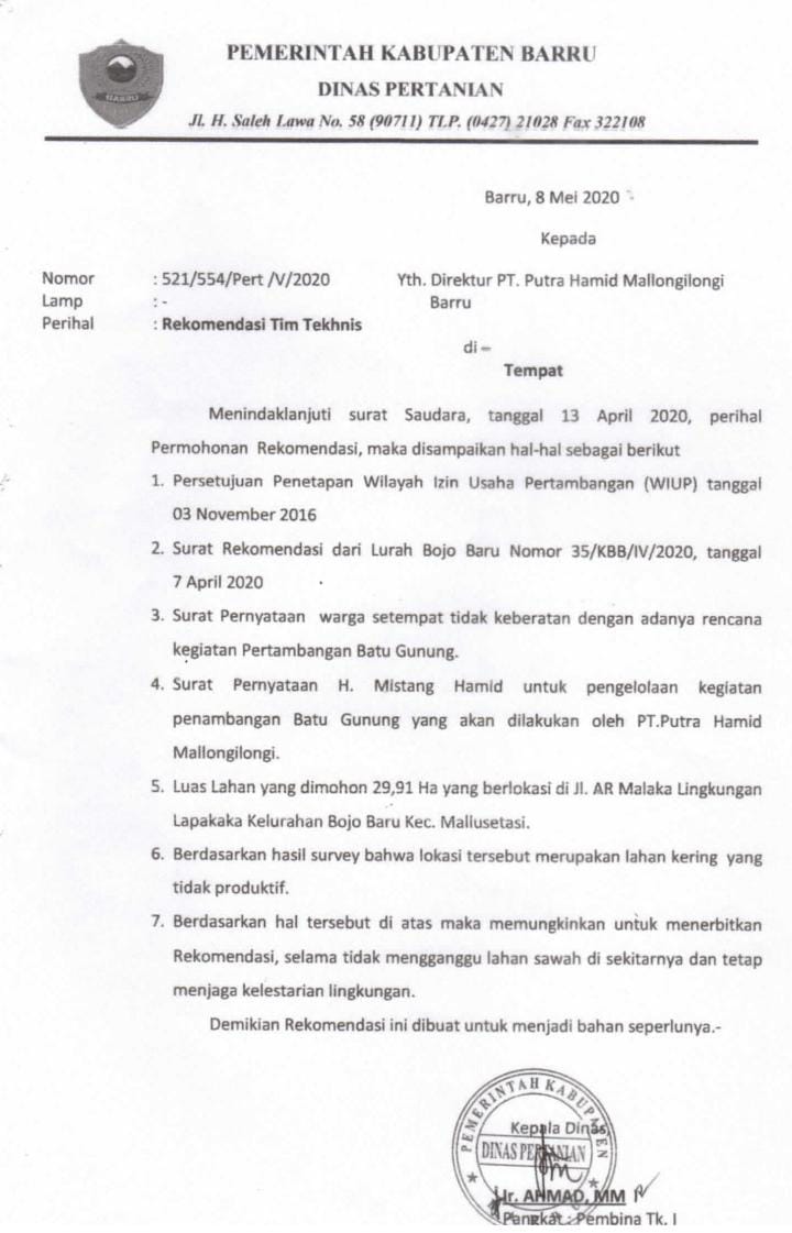 FOTO: Surat kepala dinas pertanian kabupaten Barru ke PT. Putra Hamid Mallongi-long.