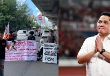 GAM: Copot Menteri BUMN, John Sitorus: Ponakan Jokowi Baru 3 Tahun di Pertamina Sudah Jadi Manajer FOTO: Gerakan Aksi Mahasiswa (GAM) menggelar orasinya di pertigaan jalan Letnan Jenderal Hertasning dan AP Pettarani. Jumat (28/2/2025) dan Menteri BUMN, Erick Thohir. (Kolase)