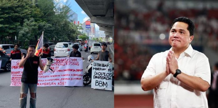 FOTO: Gerakan Aksi Mahasiswa (GAM) menggelar orasinya di pertigaan jalan Letnan Jenderal Hertasning dan AP Pettarani. Jumat (28/2/2025) dan Menteri BUMN, Erick Thohir. (Kolase)