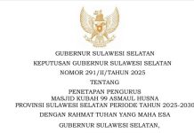 Pergantian Pengurus Masjid Kubah 99 Asmaul Husna, Kadisdik Sulsel: Pengurus ASN dan MUI ini SK nya FOTO: Keputusan Gubernur Sulawesi Selatan Nomor 291/II/Tahun 2025 Tentang Penetapan Pengurus Masjid Kubah 99 Asmaul Husna Provinsi Sulawesi Selatan Periode 2025 - 2030