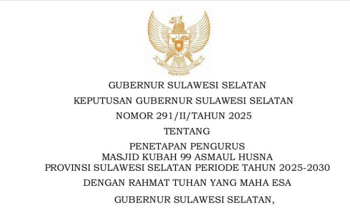 FOTO: Keputusan Gubernur Sulawesi Selatan Nomor 291/II/Tahun 2025 Tentang Penetapan Pengurus Masjid Kubah 99 Asmaul Husna Provinsi Sulawesi Selatan Periode 2025 - 2030