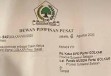 Temui Bahlil, Adnan Sepertinya PDKT Agar dapat “Surat Sakti” di Musda XI Golkar Sulsel FOTO: Surat Rekomendasi (Diskresi) DPP Partai Golkar kepada Panitia Musda X DPD Golkar Sulsel tahun 2020, Untuk Memilih HM Taufan Pawe secara aklamasi sebagai ketua DPD Golkar Sulsel periode 2020-2025.