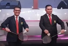 121 Klub dari 23 Provinsi se-Indonesia Siap Bertanding Ajang WONDR Sirnas B Sulsel di Makassar FOTO: Kiri Ketua Persatuan Bulutangkis Seluruh Indonesia (PBSI) Sulsel Devo Khaddafi dan Ketua Umum PBSI (Persatuan Bulu Tangkis Seluruh Indonesia) saat ini adalah Muhammad Fadil Imran.