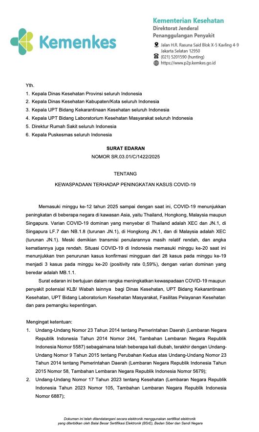 FOTO: Surat Edaran Dirjen P2 Kemenkes. (Dok. Kemenkes) Surat Edaran Dirjen P2 Kemenkes. (Dok. Kemenkes)