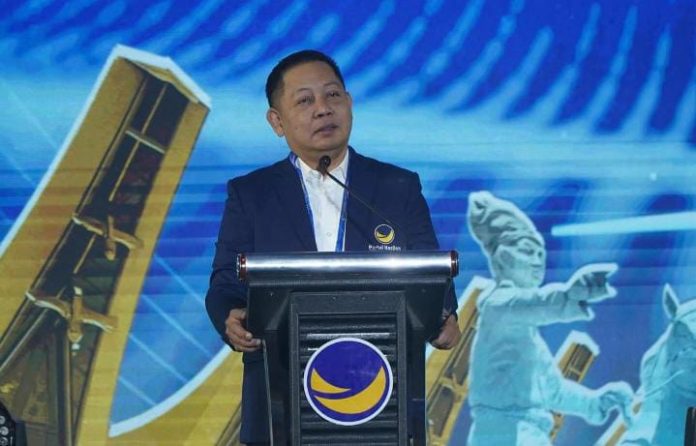 IMG-20250808-WA0361 FOTO: Ketua Panitia Rarkernas NasDem, Rusdi Masse, Saat sampaikan sambutan di 2025 Partai NasDem kembali digelar di Kota Makassar, Sulawesi Selatan, Jumat, 8 Agustus 2025. (Properti via Facebook DPP Partai Nasdem)