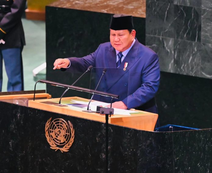 FOTO: Presiden Prabowo saat berpidato di Sidang Majelis Umum ke-80 PBB di New York, Amerika Serikat (AS). (Properti Seskab)