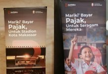 Warga Makassar Disuruh Bayar Pajak untuk Bangun Stadion dan Seragam Sekolah Gratis FOTO: Dua banner ajakan membayar pajak kepada warga milik Bapenda Kota Makassar. (Kolase)