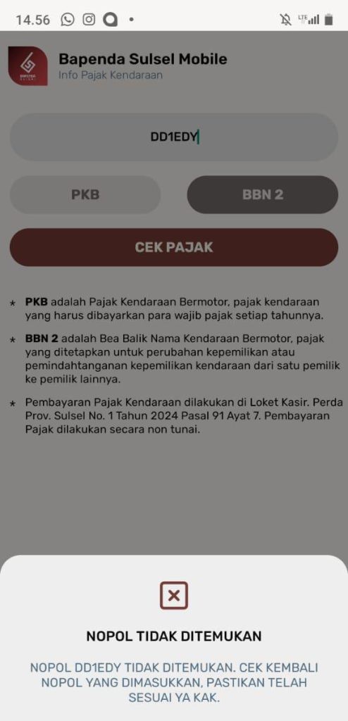 FOTO: Hasil tangkapan layar dari aplikasi Bapenda Sulsel mobile