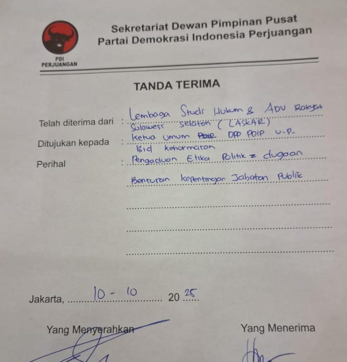 IMG-20251012-WA0199 FOTO: Surat aduan LASKAR Sulsel ke DPP PDI Perjuangan