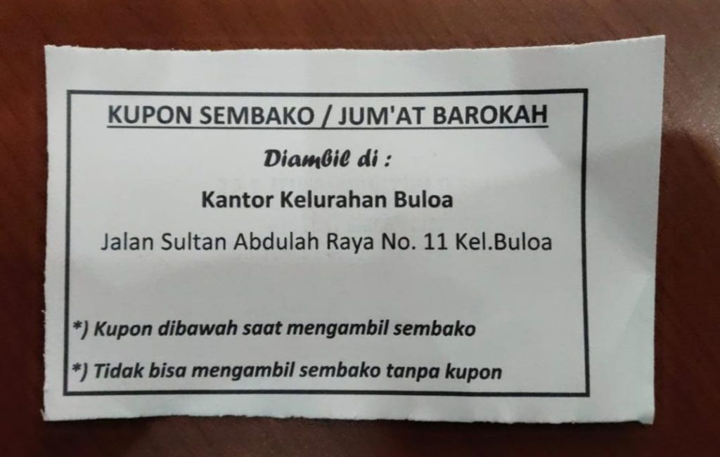 FOTO: Kupon Jumat Berkah dari Lurah Buloa Naz Alamsyah Wiradinata Z, SE (sumber: Lurah Buloa) 