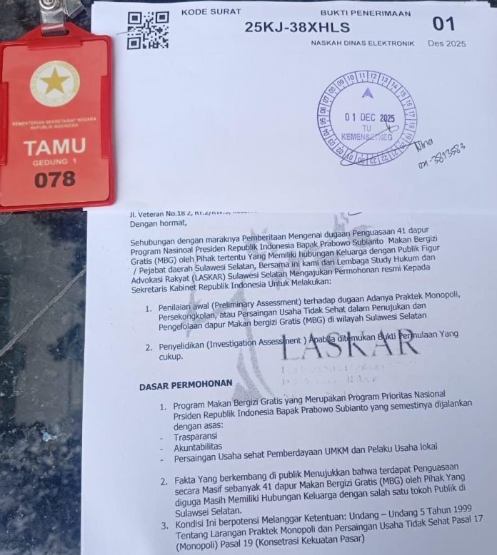 FOTO: Surat aduan LASKAR Sulsel ke Presiden Prabowo Cq Menteri Sekertaris Negara. (Sumber Laskar Sulsel)