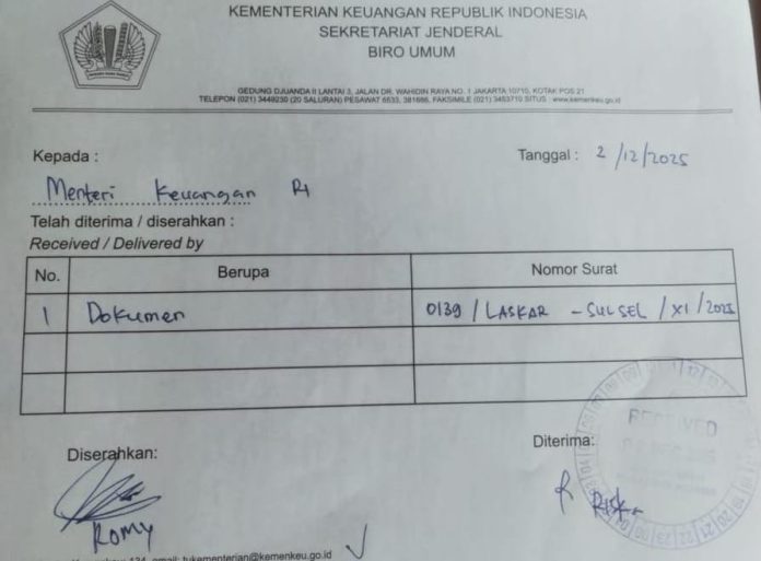 FOTO: Surat Laskar Sulsel ke Kementerian Keuangan RI.