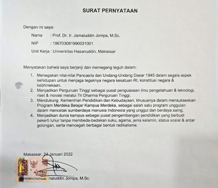 FOTO: Pakta Integritas Asli Prof. Dr. Ir. Jamaluddin Jompa, M.Sc. (Prof. JJ)