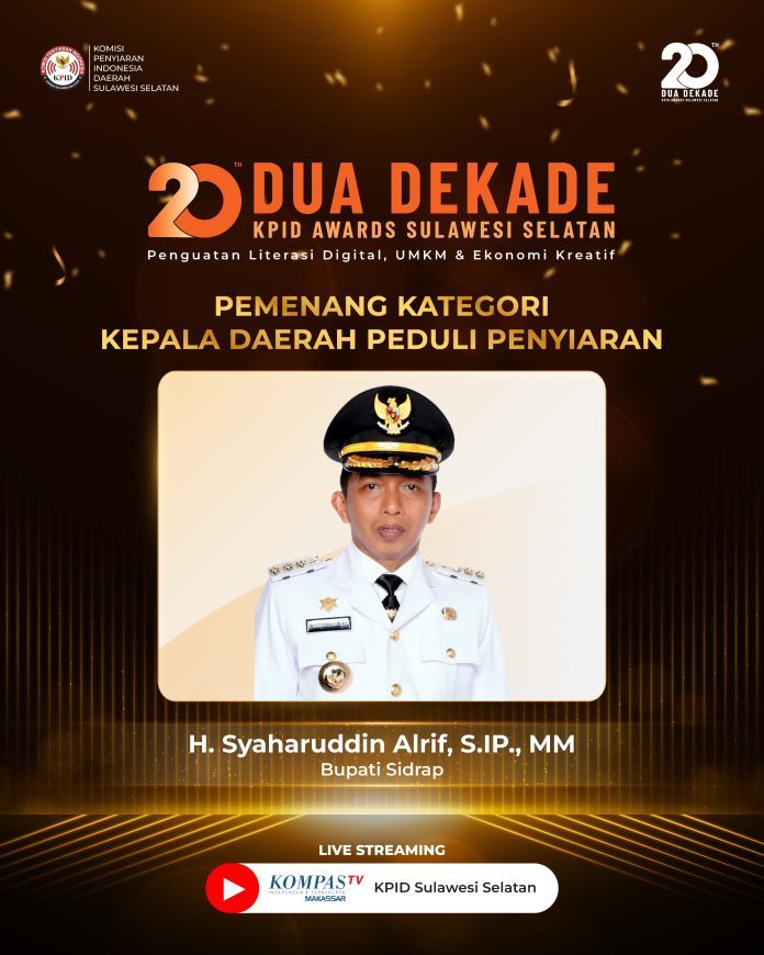 FOTO: Bupati Sidrap Syaharuddin Alrif mendapatkan Anugerah Komisi Penyiaran Indonesia Daerah (KPID) Awards Sulawesi Selatan (Sulsel) digelar di Ballroom Teater Menara Phinisi UNM, Kota Makassar, Senin (15/12/2025).