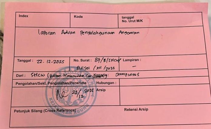 FOTO: Bukti surat aduan masyarakat yang disampaikan oleh Sultan Hasanuddin Corruption Watch (SHCW)
