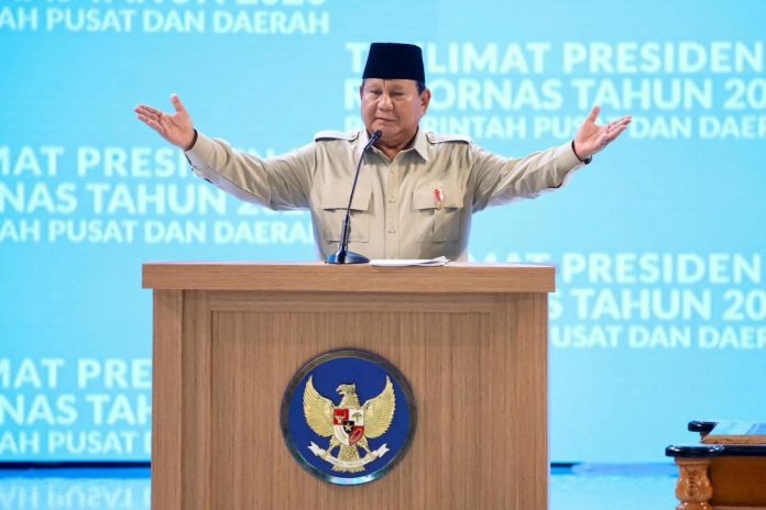 FOTO: Presiden Prabowo Subianto saat membuka Rapat Koordinasi Nasional Pemerintah Pusat dan Daerah Tahun 2026 di Sentul International Convention Center (SICC), Senin (2/2/2026). (Dok. Seskab) 