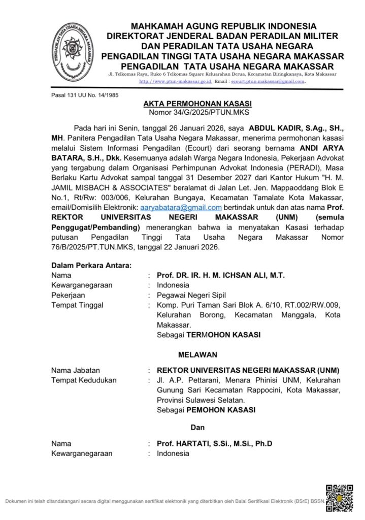 FOTO: Surat salinan keputusan PT TUN Makassar. (Istimewa)