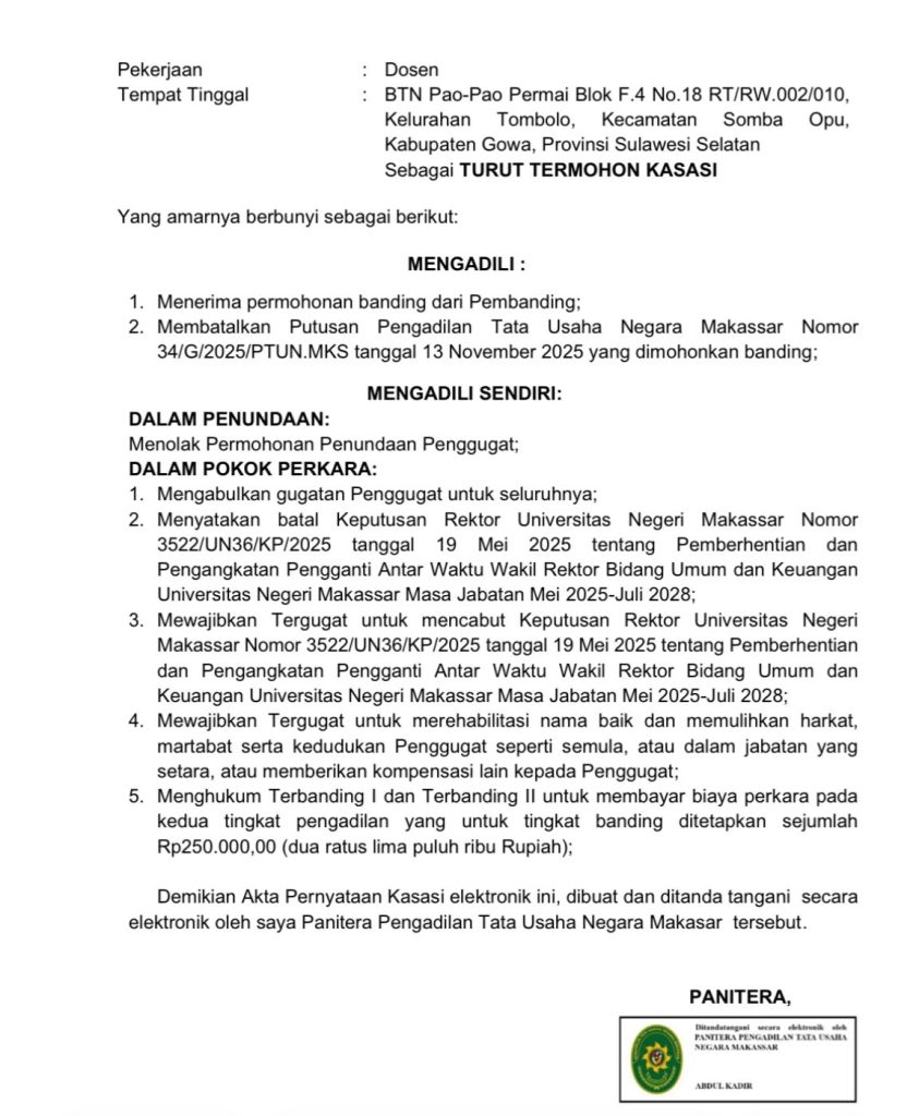 FOTO: Surat salinan keputusan PT TUN Makassar. (Istimewa)