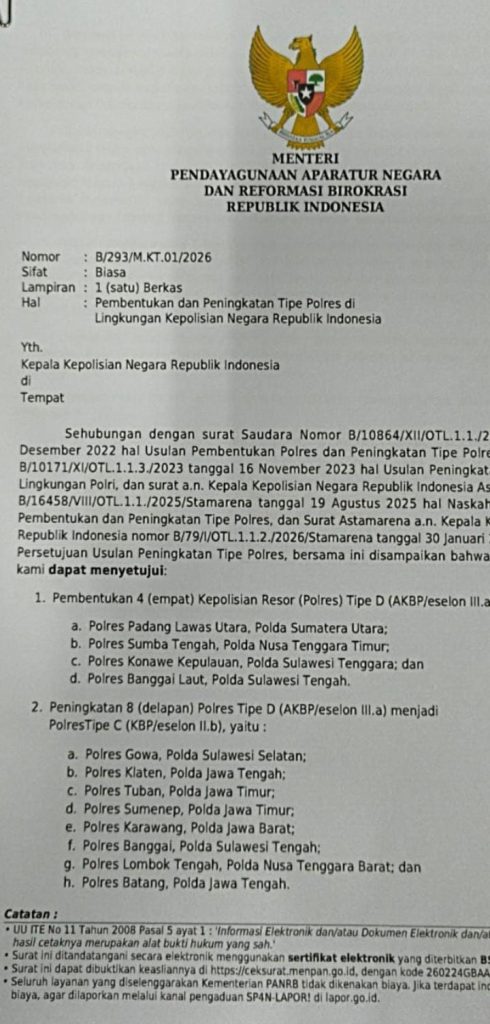 Surat Menteri Pendayagunaan Aparatur Negara dan Reformasi Birokrasi (PANRB) kepada Kapolri. 