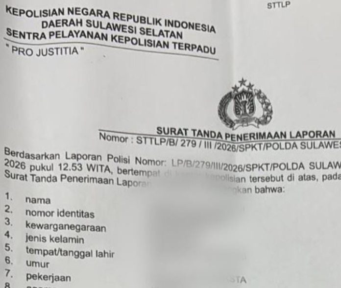 FOTO: Laporan Polisi Venny Dwi Cahyani, yang telah terdaftar secara resmi dengan nomor LP/B/279/III/2026/SPKT/Polda Sulawesi Selatan tertanggal 13 Maret 2026.