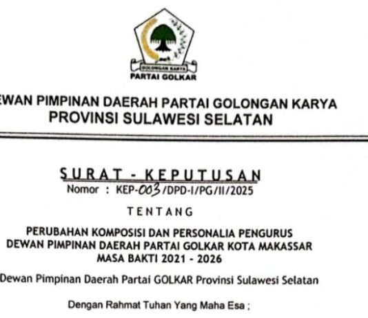 Jadwal Musda Golkar Sulsel Tak Jelas, Masa Kepengurusan di DPD II Banyak Telah Berakhir FOTO: Tangkap layar SK Kepengurusan DPD II Partai Golkar Kota Makassar masa bakti 2021-2026.
