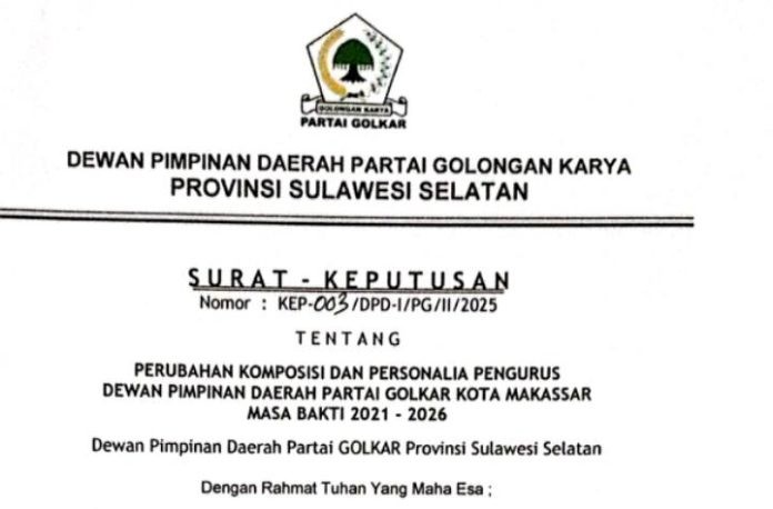 FOTO: Tangkap layar SK Kepengurusan DPD II Partai Golkar Kota Makassar masa bakti 2021-2026.